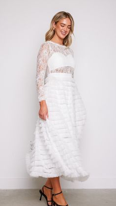 Experience the magic and allure of our Olivia Layered White Lace Tulle Dress, where timeless elegance meets modern romance. Whether you're walking down the aisle, attending a formal event, or celebrating a special occasion, this dress will make you feel like the epitome of grace and beauty. 78747 D8-2 Elegant Tulle Gown For Prom Season, Elegant Tulle Prom Gown, Elegant Lace Dress With Ruffles And Fitted Bodice, Elegant Tulle Maxi Dress With Sheer Bodice, Elegant Maxi Dress With Sheer Tulle Bodice, Spring Gala Dress With Scalloped Lace, Elegant Gown With Fitted Bodice In Tulle, Fitted Bodice Ball Gown For Wedding Gala, Elegant Tulle Maxi Dress