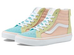 Vans Kids Sk8-Hi Zip (Little Kid) - Girls Shoes : Pastel Block Multi/White : From her favorite flannels, to tried and true denims, she'll be trending and timeless in these Vans Kids SK8-Hi Zip sneakers! These chenille-embellished kicks feature a high-top silhouette with a quilted collar and classic side-stripe detailing in a patterned canvas upper. A traditional lace-up closure and back zipper seal the old-school deal. A breathable textile lining and comfort-cushioned insole make all-day wear a White Sole Sneakers For School In Spring, Cute High-top Sneakers For Spring, Pink Sneakers For School In Spring, Trendy School Sneakers For Spring, Pastel High-top Sneakers For Spring, Casual Sneakers For School In Spring, Casual School Sneakers For Spring, Playful Lace-up Sneakers For Spring, Spring School Sneakers With Round Toe