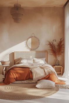 a bed with an orange comforter in a bedroom next to a white curtain and potted plant