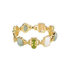 Add an elegant finishing touch to any ensemble with this jade and peridot-embellished Dynasty Jade 18k gold plated bracelet. Click on this JEWELRY & WATCHES GUIDE to learn about fit, styles, materials and more! FEATURES Length: 7.25 in. Clasp: box Nickel safe Metal: sterling silver Plating: 18k gold Finish: polished Packaging: boxed ImportedSTONE DETAILS Stone type: jadeite jade, peridot Total weight: 20 7/8 ct. Shape: cabochon, oval, round Setting: glue/epoxy, shared prong Gemstones may have be Green Gemstone Bracelet Jewelry, Green Stone Bracelets For Formal Occasions, Elegant Peridot Jewelry With Natural Stones, Formal Green Bracelets With Stones, Elegant Green Bracelets With Gemstone Accents, Green Gemstone Accent Bracelet, Green Gemstone Accents Bracelet, Green Gemstone Accented Bracelet, Collectible Gold Jade Jewelry