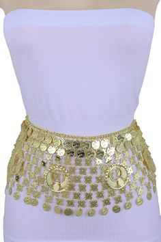 Style : Fashion ethnic style Belly dance look / High waist or HipCondition : Brand NewColor : Gold metal chain links waistband and coin charms Size: One Size Belt Medium - XL Waist Size: About 33" - 45" Belt Width : About 5" dropVery Special Fashionable Belt Brand New Trendy Women Stylish Waistband Spring Summer Collection Ladies Fashion Sexy Belt - day or night classic look or party time Brand new sexy fun and edgy fashion special and unique stylish belt Ladies Fashion Fancy Casual / Dressy Sty Fancy Casual, Casual Dressy, Chain Links, Metal Chain Link, Ethnic Style, Dressy Casual, Wide Waistband, Ladies Fashion, Ethnic Fashion