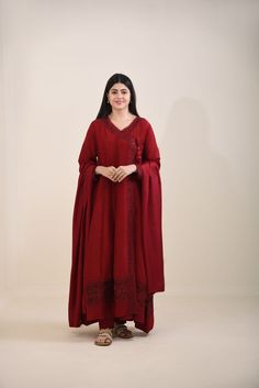 Maroon Silk Angrakha Red Slub Silk Traditional Churidar, Red Cotton Silk Churidar With Resham Embroidery, Red Raw Silk Anarkali Set With Straight Kurta, Red Raw Silk Anarkali Set, Traditional Slub Silk Palazzo Set With Resham Embroidery, Red Cotton Silk Kurta For Wedding, Wedding Red Cotton Silk Kurta, Traditional Red Slub Silk Sets, Elegant Red Salwar Kameez With Cutdana