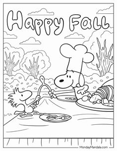 a happy fall coloring page with a dog and a plate of food on the table