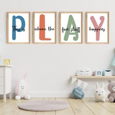 three children's wall art prints with the words play on them in different colors