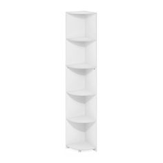 a tall white shelf with three shelves on each side