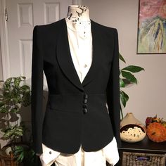 Basler Elegant Blazer Fit Flare Collar 4 Eye Button Closure Structured For Amazing Shape Figure Stylish Looks Like Tuxedo Penguin Crop Jacket Sz 38 Black Pics Don’t Make Justice! Eye Hock Is Damaged, Easy Fix. Otherwise In Excellent Condition Probably Nwot Not Visible Signs Of Wear Founded All Sales Are Final Classic Evening Blazer With Button Closure, Designer Evening Blazer With Buttons, Designer Formal Blazer With Buttons, Classic Workwear Blazer With Covered Buttons, Tailored Evening Blazer With Button Closure, Timeless Fitted Blazer With Buttons, Evening Tailored Blazer With Covered Buttons, Fitted Blazer With Suit Collar And Buttons, Elegant Fitted Button-up Suits