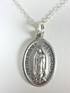 Our Lady of Guadalupe Medal Pendant Necklace Ladies 20" Chain Gift Box & Prayer Card Silver Jewelry With Miraculous Medal For Gift, Commemorative Silver Jewelry With Miraculous Medal, Silver Miraculous Medal Memorial Jewelry, Our Lady Of Guadalupe Round Pendant As Gift, Oval Our Lady Of Guadalupe Jewelry Gift, Silver Miraculous Medal Necklace For Commemoration, Spiritual Silver Necklace With Our Lady Of Guadalupe, Silver Our Lady Of Guadalupe Necklace, Silver Our Lady Of Guadalupe Pendant Jewelry