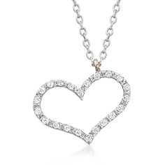 Ross-Simons - C. 1990 Vintage .20ct t. w. Diamond Heart Necklace in 14kt White Gold. 16". C. 1990. A style you'll love forever. From our Estate collection, this delightful heart necklace illuminates your look with .20 ct. t. w. round brilliant-cut diamonds in polished 14kt white gold. Cable chain with a 2" extender. Graduates from 1/16" to 1/2" wide. Lobster clasp, diamond heart necklace. Exclusive, one-of-a-kind Estate Jewelry. Diamond birthstones are the perfect gift for April birthdays. Diamond White Heart Pendant Necklace With 17 Jewels, Heart-shaped Brilliant Cut Jewelry For Valentine's Day, Classic Open Heart Jewelry For Valentine's Day, Heart Cut Necklace For Anniversary On Valentine's Day, Heart Cut Necklaces For Valentine's Day Anniversary, Classic Double Heart White Gold Jewelry, Classic Single Cut Diamond Necklace For Valentine's Day, Classic Diamond Jewelry With Heart Charm, Classic Diamond Cut Necklace For Valentine's Day