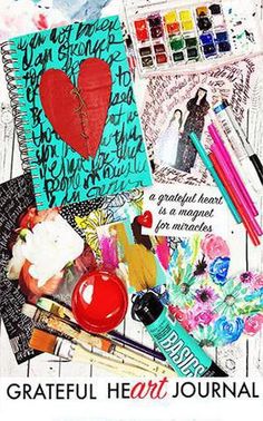 an art journal with various items on it and the words, grateful heart journal live november 14th