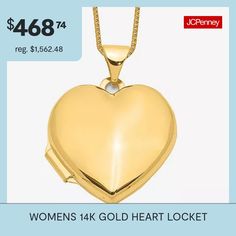 Features: Quick ShipJewelry Closure: Spring Ring ClaspLink Construction: SolidShape: HeartMetal Color: YellowChain Length: 18 InchChain Width: .5 MillimetersPendant Length: 24mmPendant Width: 19mmChain Construction: BoxCare: Wipe CleanMetal: 14k GoldNecklace Type: Locket NecklacesCountry of Origin: Imported Gold Heart Locket Necklace, Locket Necklaces, Gold Heart Locket, Heart Locket Necklace, Heart Locket, Locket Necklace, Gold Heart, Heart Of Gold, Spring Rings