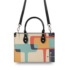 Get ready to take a trip back in time with the Atomic Cat Mid-Century Modern Satchel. Featuring a retro geometric design, this handbag is the perfect accessory for adding a quirky touch to any outfit. With its playful and fun vibe, it's sure to make a statement wherever you go. Premium PU Leather: Crafted from high-quality PU leather for durability and style. Versatile Sizing: Available in three sizes to suit your needs and preferences. Sturdy Top Handles: Features two sturdy top handles. Practi Mid-century Top Handle Bags For Everyday, Mid-century Black Bags For Vintage Style, Rectangular Multicolor Bags With Cat Print, Multicolor Rectangular Bags With Cat Print, Rectangular Black Cat Print Shoulder Bag, Atomic Cat, Retro Geometric, Back In Time, Atom