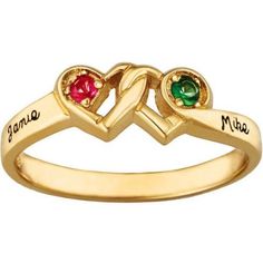 Two jewel accented hearts are intertwined in a symbol of love and devotion to bring you the Loving Promise ring by Keepsake Family Jewelry. Complete this sweet ring with two names and the birthstones of your choice. This lovely personalized memento makes a beautiful promise or mom's ring. Size: One Size. Color: Gold. Gender: female. Age Group: adult. Heart Cut Multi-stone Anniversary Rings, Double Heart Promise Ring In Fine Jewelry Style, Heart-shaped Multi-stone Wedding Rings, Anniversary Multi-stone Heart Cut Rings, Wedding Multi-stone Heart Rings, Gold Heart Ring With Accent Stones For Promise, Gold Heart Ring With Accent Stones Fine Jewelry, Elegant Multi-stone Heart-shaped Rings, Yellow Gold Heart Ring With Accent Stones