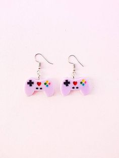 Purple Game Controller Earrings - Kawaii Earrings - Xbox - Playstation - Pokemon - Harajuku Earrings Fun Purple Dangle Jewelry, Pink Retro Earrings For Gift, Playful Purple Dangle Jewelry, Handmade Retro Pink Earrings, Playful Pink Round Earrings, Playful White Dangle Jewelry, Fun Purple Jewelry For Gifts, Pink Novelty Earrings, Trendy Pink Plug Earrings As Gift