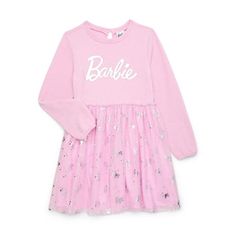 Now she can wear pink whenever she wants. This Barbie Mixed Media Dress features a cozy long-sleeve design with a chic Barbie graphic, paired with a playful layered tulle skirt and eye-catching metallic foil prints. This one-and-done Barbie dress has her ready for parties or everyday wear, and easily adds a touch of glamour and sparkle to her wardrobe. Size: 7/8.  Gender: female.  Age Group: kids. Barbie Outfits For Kids Birthday, Barbie Dress For Girls Kids, Barbie Store, Barbie Graphic Tee, Barbie Nightgown, Mixed Media Dress, Layered Tulle Skirt, Kids Outfits Girls, Wear Pink