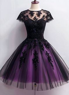 Any things please feel free to contact us: sales@cutedressy.com ******* Product Details******* Product Number:#GVB4 Fabric: Black and Purple Color: Tulle Back Style: Lace-up Hemline: Knee Length Making time: 2-3 weeks, Shipping time: 3-5 working days. Custom size/color, Rush Order is available, and no extra cost.  **** Prom Dress Medium Length, Purple Organza Party Dress, Party Purple Organza Dress, Black Fitted Organza Evening Dress, Purple Tulle Dress For Banquet, Fitted Tulle Dress With Short Sleeves, Black Organza Dresses For Prom, Purple Short Sleeve Evening Dress For Party, Fitted Tulle Dress With Illusion Neckline