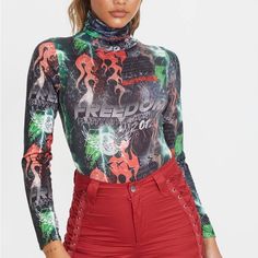 Brand New Edgy Bodysuit For Spring Night Out, Edgy Bodysuit For Night Out In Spring, Trendy Fitted Printed Bodysuit, Trendy Printed Fitted Bodysuit, Casual Printed Bodysuit For Party, Trendy Green Bodysuit For Fall, Edgy Bodysuit For Spring, Trendy Black Bodysuit For Fall, Black Graphic Print Bodysuit For Party