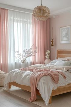 a bedroom with pink curtains and white bedding