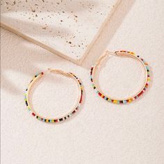 New Multi Color Adorable Hoop Statement Earrings On Gold Perfect Earrings For Any Outfit Colorful Beads Hoop Earrings, Summer Hoop Earrings With Colorful Beads, Multicolor Beaded Hoop Earrings For Beach, Colorful Beads Hoop Earrings For Beach, Multicolor Hoop Earrings For Summer, Colorful Small Hoop Earrings For Summer, Colorful Hoop Earrings For The Beach, Multicolor Beaded Hoop Earrings For Summer, Colorful Beaded Hoop Earrings For Beach