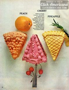 an advertisement for pineapple ice cream with four different types of cones and fruit on it