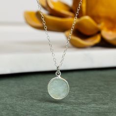 Handmade Gemstone Necklace - Aquamarine 925 Sterling Silver Round Disc Pendant Dainty Cable Chain - Jewelry Gifts for Mom, wife, sister, bff Stone: Genuine Aquamarine Please note due to nature of our genuine stones no two are alike and the ones you will receive will vary slightly from the ones pictured in the photos. Bezel: 925 Sterling Silver. Bezel only goes around the gemstone. Both back and front show the stone. Chain: 925 Sterling Silver, 16 to 8 inch adjustable, 1.3mm cable, Spring Ring Cl Natural Stones Round Necklace For Her, Natural Stones Necklace Gift For Her, Natural Stones Necklace For Her, Natural Stone Necklaces As Gift For Her, Silver Gemstone Charm Necklace For Her, Sterling Silver Birthstone Necklace With Natural Stones As Gift, Gift Birthstone Necklace With Natural Stones In Sterling Silver, Delicate Silver Necklace With May Birthstone, Delicate Silver Necklace For May Birthstone