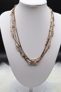 Elegant Double Strand Crystal Necklaces, Elegant Metal Necklace With Bling, Gold Costume Jewelry Necklace With Sparkling Stones, Gold Crystal Necklace Costume Jewelry, Gold Crystal Costume Jewelry Necklace, Elegant Layered Long Necklace, Metal Necklaces With Sparkling Stones For Jewelry Making, Gold Multi-strand Bridal Necklace, Formal Multi-strand Metal Necklaces