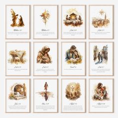 the twelve days of christmas cards with watercolor illustrations and handwritten text on them