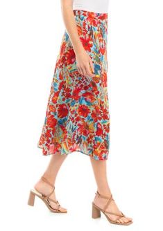 Vibrant florals flourish on this midi-length skirt from Philosophy making it the perfect addition to your spring and summer wardrobe. | Philosophy Women's Printed A-Line Midi Skirt, Small Floral Print Summer Maxi Skirt For Day Out, Floral Print Beach Skirt For Spring, Spring Floral Print Flowy Skirt, Floral Print Summer Skirt, Floral Print Maxi Skirt For Summer, Floral Print Long Skirt For Summer, Summer Garden Party Flowy Skirt, Multicolor Floral Print Midi Skirt, Beach-ready Floral Print Midi Skirt