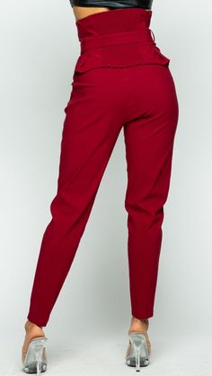 Burgundy High Waist Pants Belted Skinny Pants Pleated Stretch Zipper 70% RAYON 26% NYLON 4% SPANDEX Solid Straight Leg Pants With Elastic Waistband, Fall Bottoms With Pull-on Style And Tapered Leg, High Waist Non-stretch Solid Capris, Straight Dress Pants With Elastic Waistband, Solid Straight Dress Pants With Elastic Waistband, Stretch High-waisted Pants For Work, Solid Straight Leg Bottoms With Elastic Waistband, Fitted High-waisted Pants With Pockets, Fitted High-waisted Bottoms With Pockets