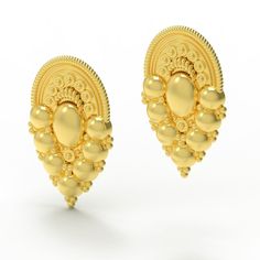 These earrings are among the most iconic Etruscan designs, and are based on several examples in Rome dating to the seventh century BC. Here, the rounded disk shape at the top is framed with a ribbed border, while the center and bottom edges are filled with cascading golden droplets of varying sizes. Our earrings may be ordered with a post back, or as a set of clip-on earrings. Please indicate your choice in the Special Instructions area of this page. Larentia was an ancient Roman goddess of fert Classic 22k Gold Hallmarked Earrings, Classic Hallmarked 22k Gold Earrings, Classic 22k Gold Earrings, Yellow Gold Drop Earrings With Historical Design, Yellow Gold Historical Drop Earrings, Historical Yellow Gold Drop Earrings, Classic 22k Gold Earrings For Formal Occasions, Elegant Yellow Gold Temple Jewelry Earrings, Traditional Yellow Gold Earrings With Elegant Design