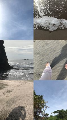 four different pictures with the same person's feet in the sand, water and sky