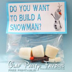 a frozen food treat bag with marshmallows in it and a sign that says do you want to build a snowman? centrepiece