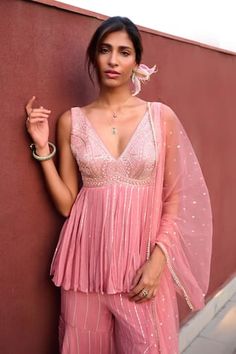 Mauve pink sharara with sequin and beads embroidery in linear pattern. Paired with an embroidered peplum top and tulle dupatta. - Aza Fashions Peplum Sharara, Pink Sharara, Vacuum Storage, Lilac Pink, Indian Wedding Wear, Sharara Set, Organza Dupatta, Mauve Pink, Bride Bridal