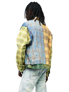 An essential flannel shirt with long sleeves and multicolor, Vintage washed with contrasting patterns. Includes a double layer on the body, kimono tie front closure, and two front chest pockets. 100% cotton. Flannel Outfits Men Streetwear, Reworked Flannel, Flannel Outfits Men, Patchwork Clothes, Flannel Outfits, Denim Inspiration, Streetwear Men Outfits, Knit Jacket, Hoodie Top