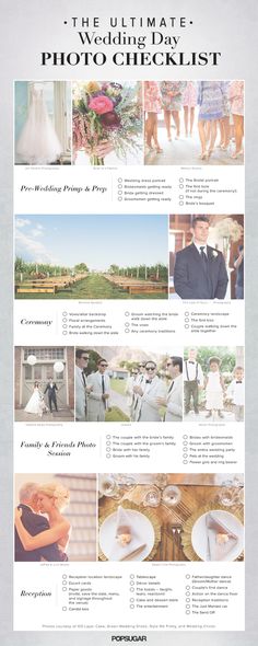 the ultimate wedding day photo checklist is shown in this page, which includes photos and text