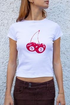 Cherry t-shirt | Collection 2023 | Subdued Fruit Clothing, Cherry Girl, Shirt Elegant, White Short Sleeve Shirt, Baby Tees Y2k, Vintage Crop Tops, Y2k Clothes, Cherry Print, Cute Crop Tops