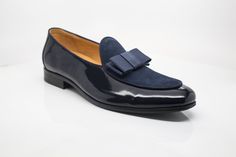 Style: 525-210SP-Blue Exquisite combination of Patent Leather & Suede accent this slip-on Dress Loafer from Carrucci, featuring Grosgrain Bow and Piping, and a clean welt! Elegant Slip-ons For Spring Galas, Elegant Patent Leather Tassel Loafers With Rubber Sole, Elegant Patent Leather Slip-ons For Business, Elegant Slip-ons With Rubber Sole For Galas, Blue Slip-on Tassel Loafers For Formal Occasions, Formal Blue Slip-on Tassel Loafers, Elegant Blue Tassel Loafers For Galas, Blue Formal Slip-ons With Leather Sole, Formal Blue Slip-ons With Leather Sole