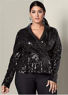 Plus Size Peplum Top, Sequin Peplum Top, Dresses For Apple Shape, Plus Size Peplum, Plus Size Sequin, Plus Size Fashion Tips, Sparkle Party, Dress With Jean Jacket, فستان سهرة