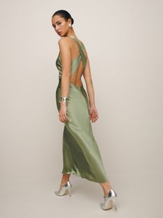 Casette Silk Dress Chic Silk Evening Dress With Cowl Back, Silk Backless Slip Dress For Date Night, Silk Dress With Bias Cut And Cowl Back, Chic Silk Satin Dress With Cowl Back, Green Silk Evening Slip Dress, Chic Satin Dress With Cowl Back, Green Silk Slip Dress For Evening, Silk Slip Dress With Satin Finish And Backless Design, Silk Slip Dress With Cowl Back For Formal Occasions