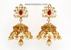 Temple Jewellery - 22 Karat Gold Jhumkas (Buttalu) - Gold Dangle Earrings with Cz , Color Stones, Pearls & Japanese Culture Pearls - 235-GJH2277 - in 29.200 Grams for USD $2273.29. 
Made in India by Totaram Jewelers Online this product is in Gold - 22 Karat BIS Hallmark 916 KDM Gold  & is an excellent gift for Adult - Women. Ships fully insured with secured guaranteed delivery for free with your order over $250 from New Jersey USA & comes with 30 days exchange policy. Luxury Temple Jewelry Chandbalis With Tilla, Luxury Gold Temple Jewelry Jhumkas, Luxury 22k Gold Temple Style Pearl Earrings, Luxury Gold Temple Jewelry Earrings, Luxury 22k Gold Temple Jewelry Pearl Earrings, Luxury Yellow Gold Temple Jewelry Earrings, Buttalu Gold, Gold Jhumkas, 22 Karat Gold Jewelry