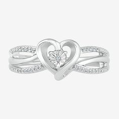 Ring Style: Promise Rings, Side Stone Rings, Engagement RingsDiamond Clarity: I3Setting: Multi-SettingShape: HeartStone Cut: RoundDiamond Color: JMetal Color: WhiteRing Gallery Height: 4.8mmRounded Carat Weight: Less Than 1/10 Ct.t.wBand Width: 2mmCare: Wipe CleanAuthenticity: Natural DiamondMetal: Sterling SilverCountry of Origin: Imported Heart-shaped White Gold Birthstone Ring For Valentine's Day, White Gold Heart Promise Ring For Mother's Day, Mother's Day Promise Heart Ring In White Gold, Mother's Day Promise White Gold Heart Ring, White Double Heart Promise Jewelry, Fine Jewelry Open Heart Diamond Promise Ring, Heart Cut Promise Ring For Mother's Day, White Gold Promise Ring For Mother's Day, Diamond White Promise Jewelry For Valentine's Day