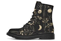 Twilight Garden Boots - Vegan Leather Lace-up Ankle Goth Combat Floral Print Festival Boots Fantasy Shoes Boots, Witchy Boots, Space Shoes, Baddies Outfits, Regular Outfits, Dark Academia Vibes, Witchy Academia, Twilight Garden, Festival Boots