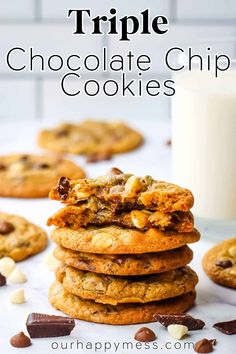 These triple chocolate chip cookies are tender and chewy on the inside, with an amazing caramelized flavor. With three different types of chocolate and NO chilling, these brown sugar chocolate chip cookies will satisfy your cookie craving in no time.