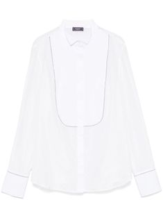 white cotton-silk blend panelled design wingtip collar concealed front button fastening chain-link trim long sleeves buttoned cuffs curved hem White Collared Shirt, White Shirts Women, Wardrobe Edit, Suit Accessories, Exclusive Fashion, Collar Shirt, White Shirts, Shirt White, Cotton Silk