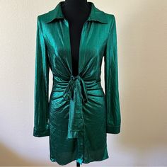 Women’s Long Sleeves Open Front Metallic Green Mini Dress Size M Nwt. New Sexy Open Front Dress. Button Front From Waist To Hem. Polyester & Spandex. Approx. Measurements: Pit To Pit 16", Sleeves 25", Length 35". Spring Party Mini Dress Button-up, Fitted Green Button-up Mini Dress, Chic Button-up Party Dress, Chic Button-up Dress For Going Out, Fitted Button-up Dress For Night Out, Chic Button-up Dress For Night Out, Spring Party Mini Dress Button-up Style, Spring Party Button-up Mini Dress, Open Front Dress