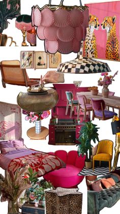 a collage of furniture and decor in pink, green, yellow, and purple