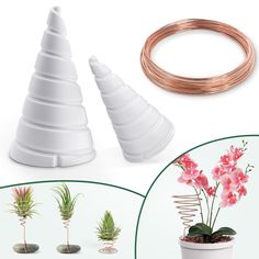 three different types of flower pots with flowers in them and one is made out of plastic