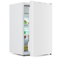 an open refrigerator with its door wide open and food in the freezer compartment, isolated on a white background