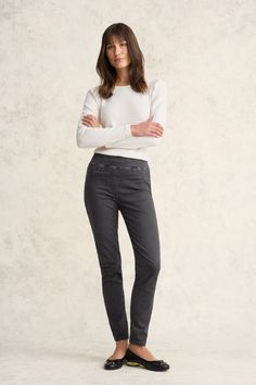 Bengajean Full Length Skinny Leg - Grey Wash Stretch Bottoms For Elevated Casual Fall Wear, Everyday Jeans With Elastic Waistband, Mid-rise Pull-on Jeans For Everyday, Everyday Washed Bottoms For Fall, Stretch Bottoms For Everyday In Fall, Gray Stretch High Rise Jeans, Gray Stretch High-rise Jeans, Stretch Washed Pants For Fall, High Waist Pull-on Pants For Everyday