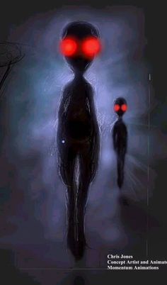 two people walking in the dark with red eyes on their faces and one person standing behind them