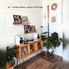 a room with some plants and pictures on the wall above it, along with an area rug